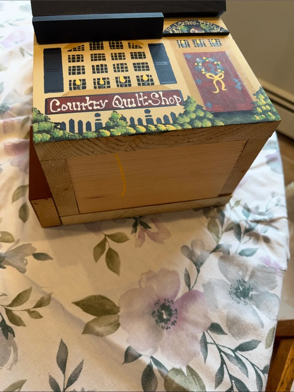 Hand-Painted Country Quilt Shop wooden box/ mailbox- Navy & Cream